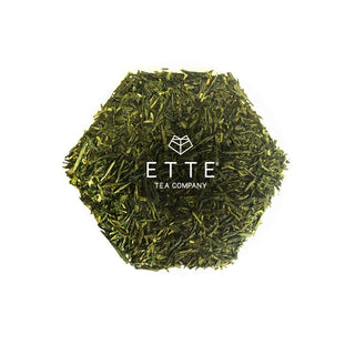 hexagon tea palette picture with white background. ETTE tea logo in the middle of hexagon loose leave japanese sencha tea leave.